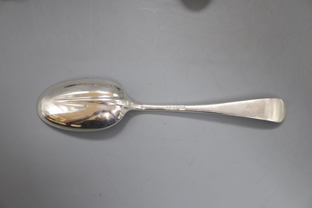 A set of six George V silver hanovarian rat tail pattern dessert spoons, George Howson, Sheffield, 1925, 10.5oz.